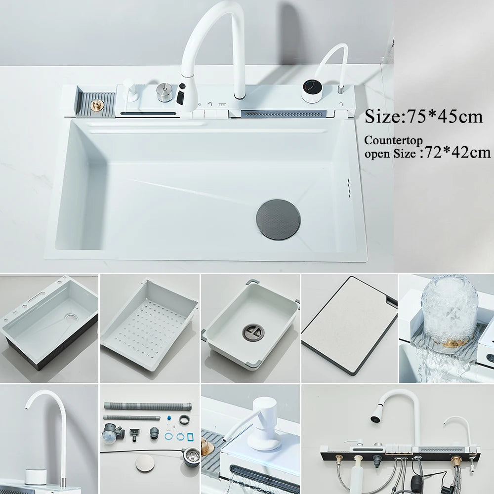 Stainless Steel Waterfall Kitchen Sink Integrated Digital Display Faucet Set Soap Dispenser