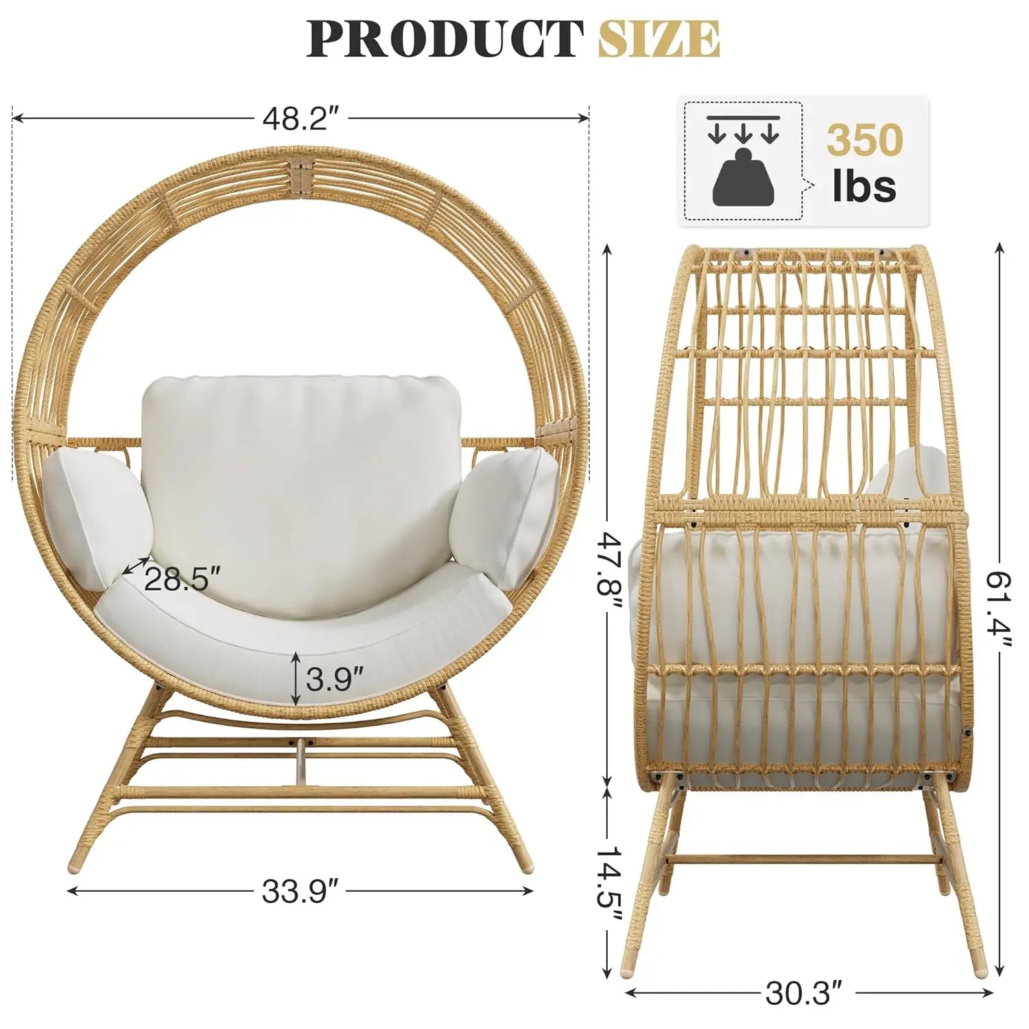 Oversized Hanging Basket Egg Chair with Thickened Cushion Support