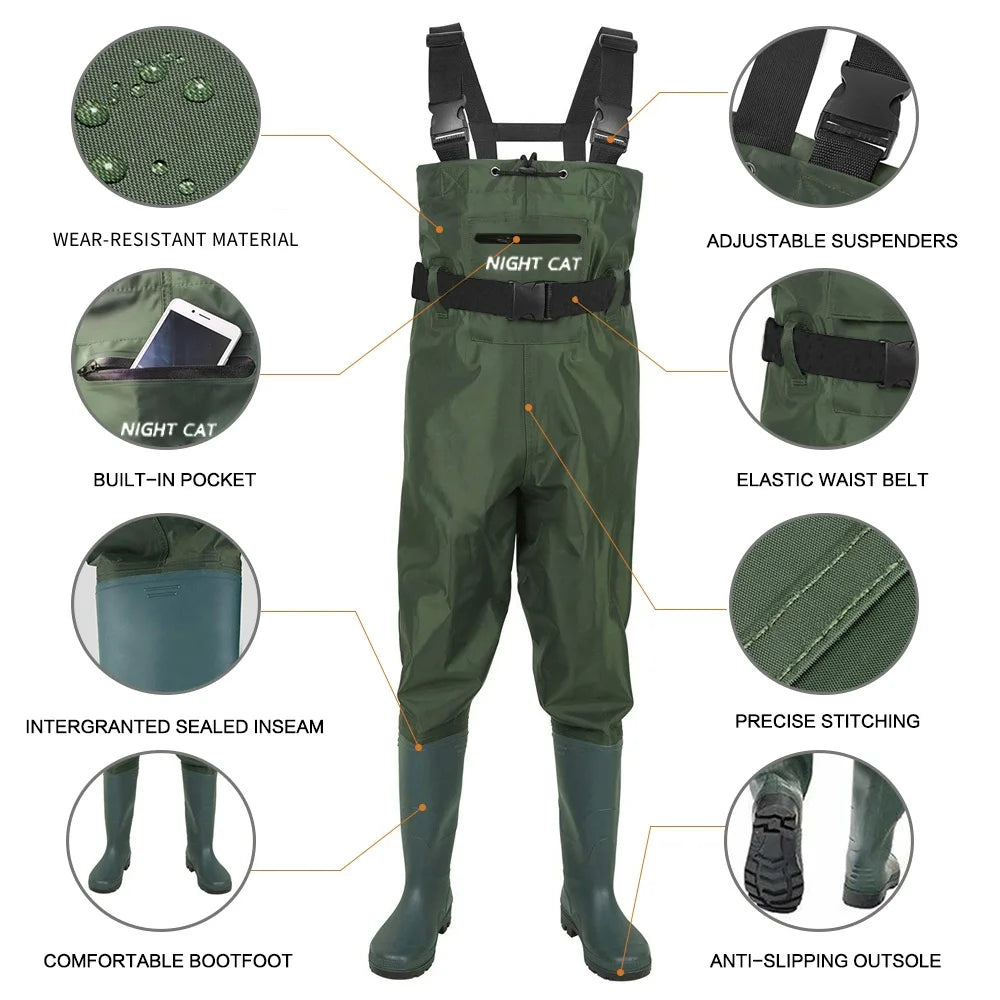 Night Cat Fishing Farm Working Waterproof Hunting Chest Wader with Boots Belt