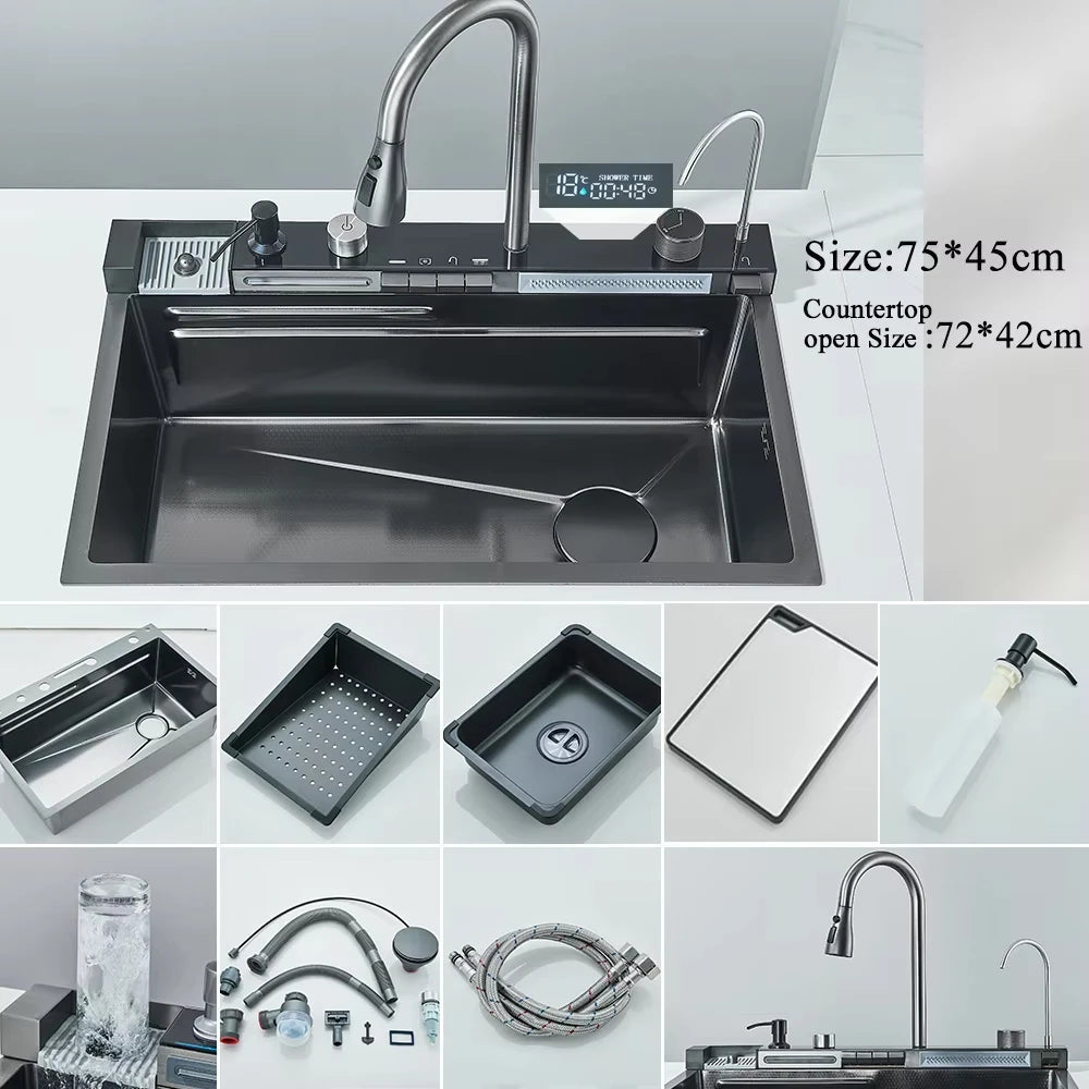 Stainless Steel Waterfall Kitchen Sink Integrated Digital Display Faucet Set Soap Dispenser