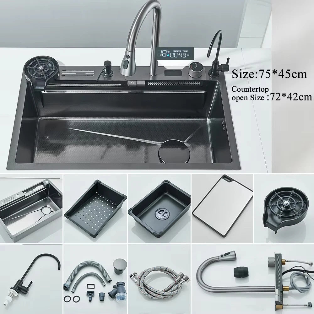 Stainless Steel Waterfall Kitchen Sink Integrated Digital Display Faucet Set Soap Dispenser