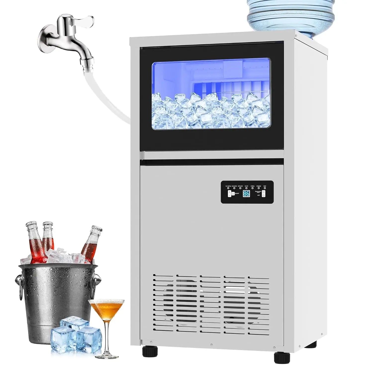 Commercial Ice Maker Machine Dual Water Inlet Mode,Built-in/Freestanding/Under Counter with LED Display & Self-Cleaning