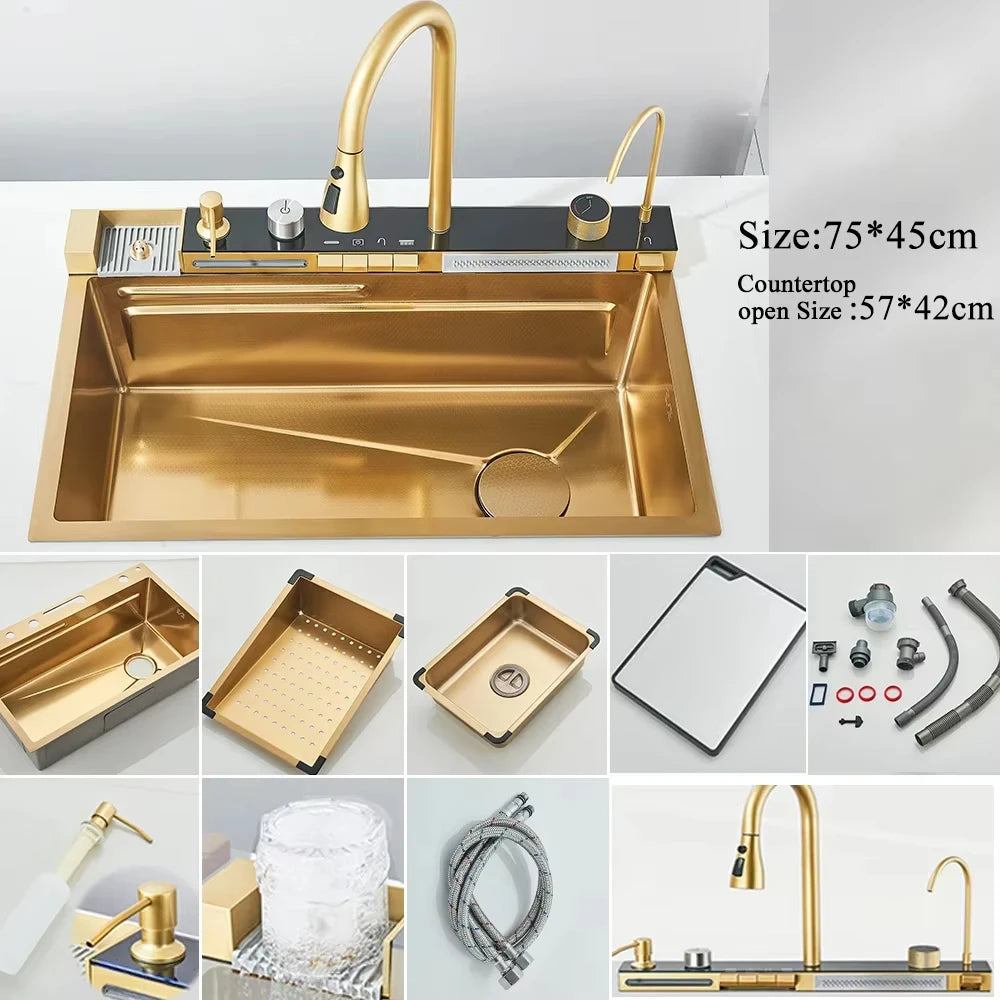 Stainless Steel Waterfall Kitchen Sink Integrated Digital Display Faucet Set Soap Dispenser