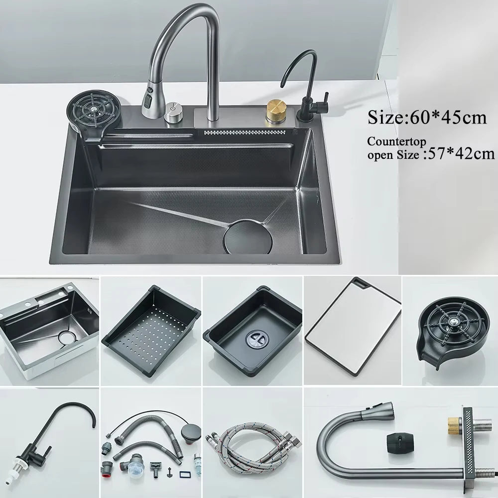 Stainless Steel Waterfall Kitchen Sink Integrated Digital Display Faucet Set Soap Dispenser