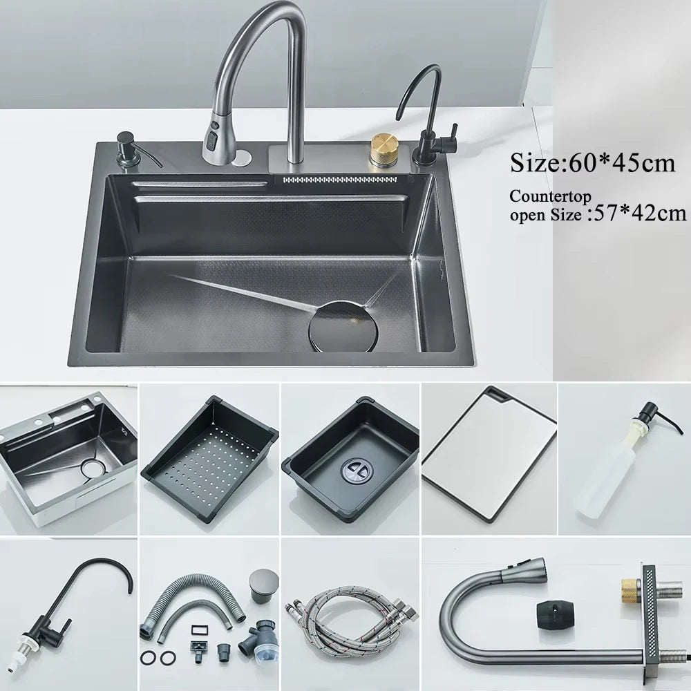 Stainless Steel Waterfall Kitchen Sink Integrated Digital Display Faucet Set Soap Dispenser