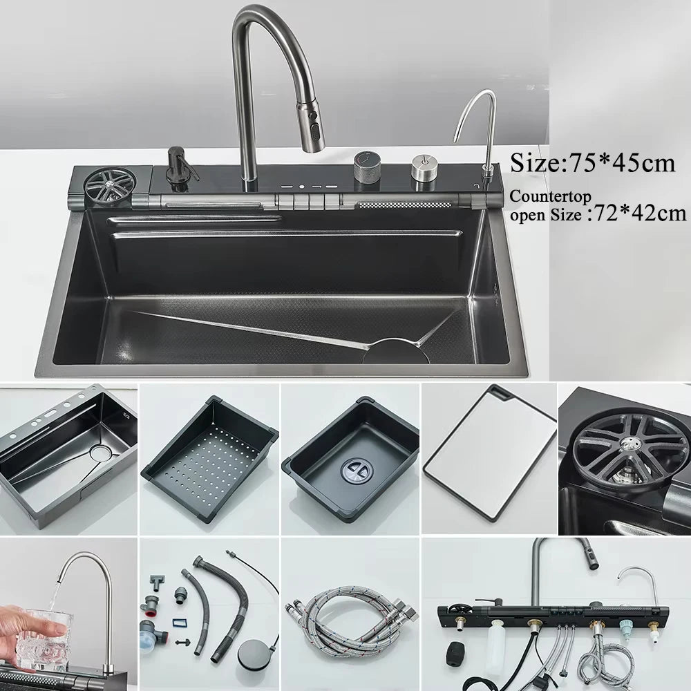Stainless Steel Waterfall Kitchen Sink Integrated Digital Display Faucet Set Soap Dispenser