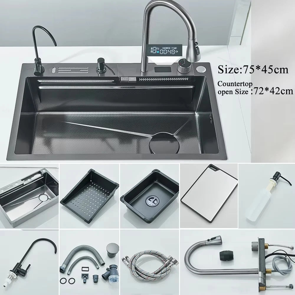 Stainless Steel Waterfall Kitchen Sink Integrated Digital Display Faucet Set Soap Dispenser